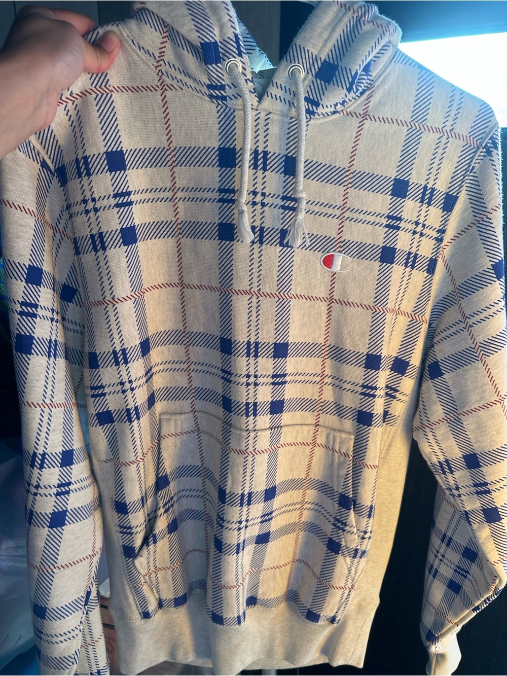 Champion Cream Hoodie with Blue & Brown Plaid